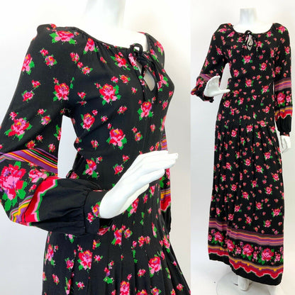 VINTAGE 60s 70s BLACK PINK GREEN RED FLORAL ROSE PIXEL FOLK BOHO MAXI DRESS 10