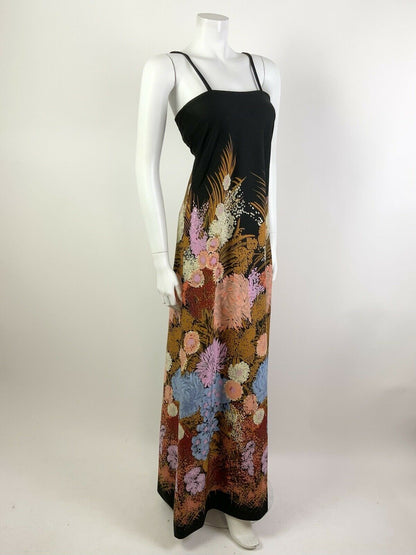 VINTAGE 60s 70s BLACK GOLD PINK BLUE FLORAL LEAFY SPAGHETTI STRAP MAXI DRESS 8