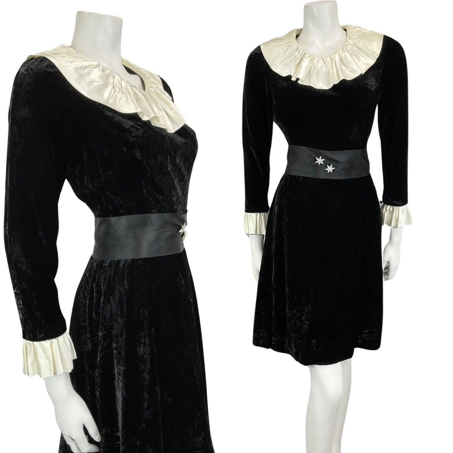 VTG 60s 70s BLACK VELVET CREAM EDWARDIAN MOD PARTY CHRISTMAS EVENING DRESS 8