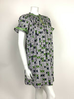 VTG 60s 70s BLUE WHITE GREEN GOLD GEOMETRIC MOD SMOCK TENT TRAPEZE DRESS 10 12