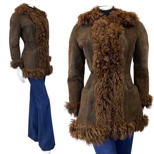 VINTAGE 60s 70s DARK BROWN SUEDE LEATHER MOD BOHO SHORT SHEARLING COAT 8 10