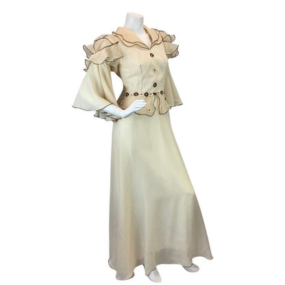 VINTAGE 60s 70s CREAM BROWN RUFFLED DAISY BOHO FOLK PRAIRIE WEDDING MAXI DRESS 8