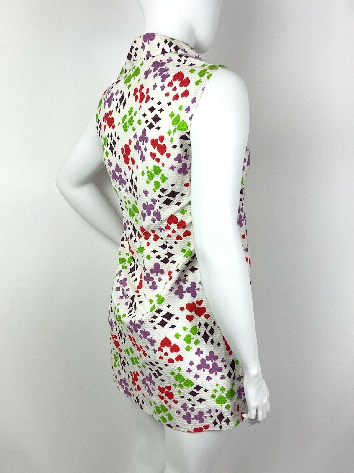 VTG 60s 70s WHITE RED GREEN PURPLE HEART SPADE CLUB DIAMOND MOD MINI DRESS 16