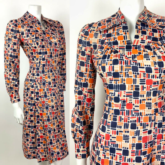 VINTAGE 60s 70s BLUE ORANGE RED BEIGE GEOMETRIC MOD DAGGER SHIRT DRESS 10 12