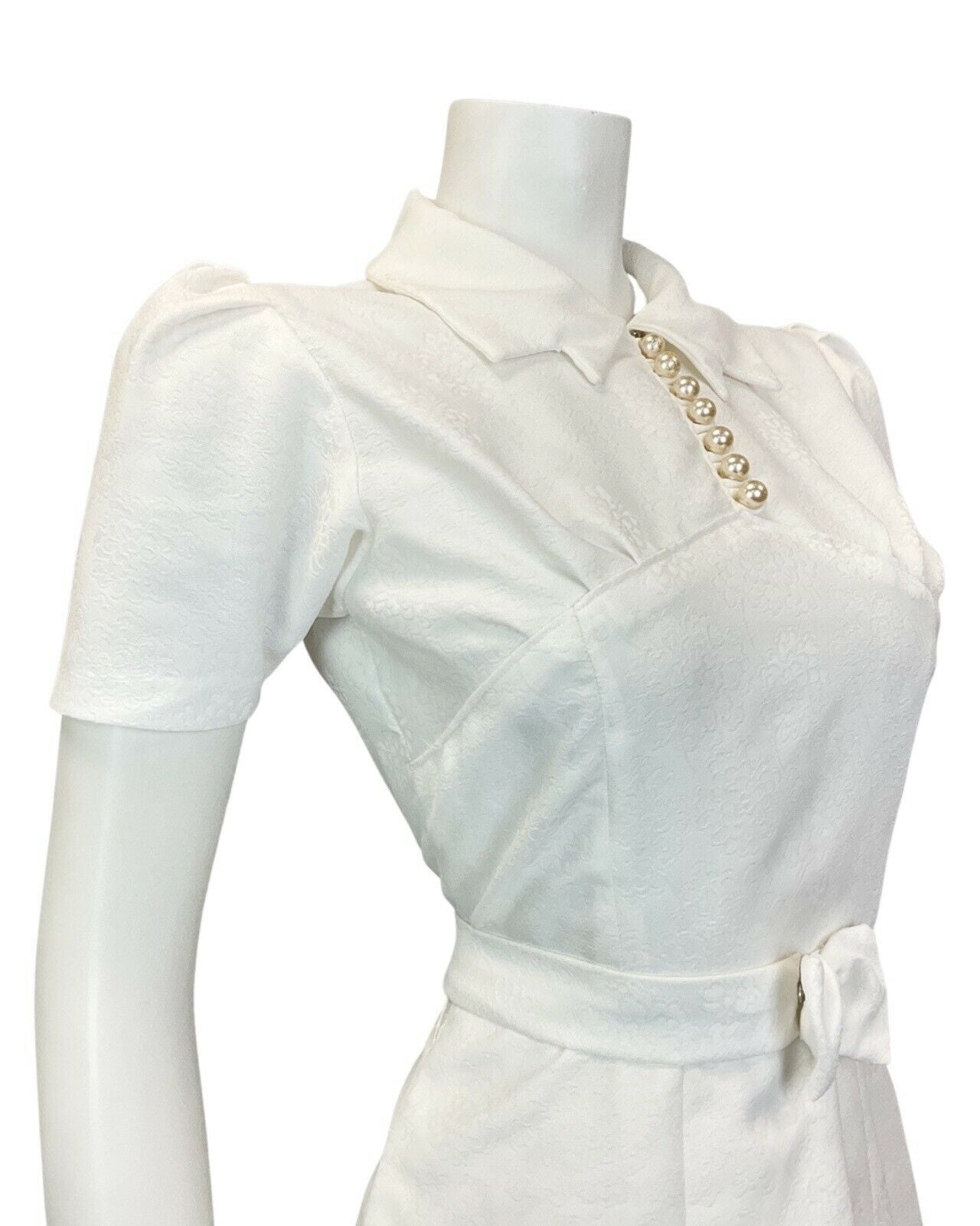 VINTAGE 60s 70s BRIGHT WHITE FLORAL BELTED MOD SHIRT SHORT DRESS 10