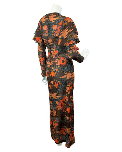 VINTAGE 60s 70s BROWN ORANGE BLACK PSYCHEDELIC SWIRL FLORAL MAXI DRESS 10