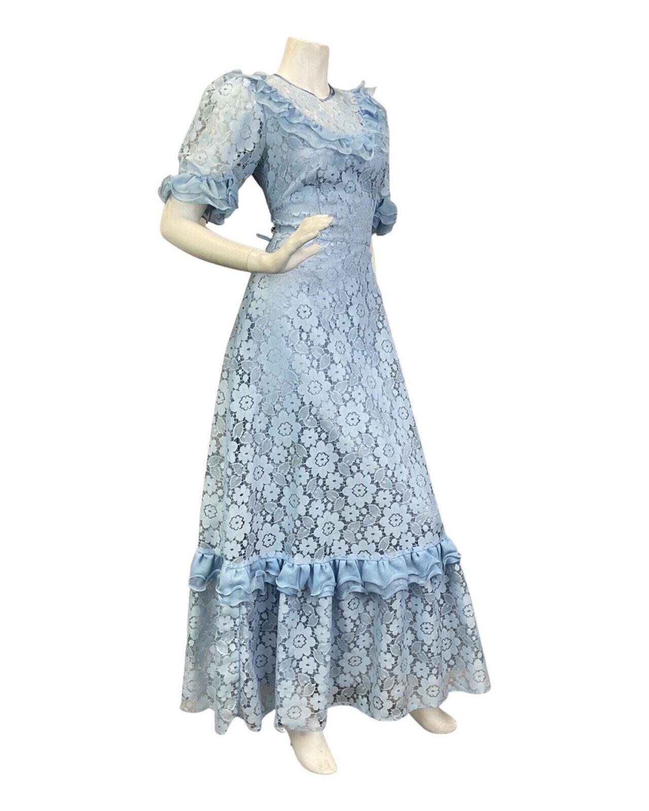 VINTAGE 60s 70s BABY BLUE FLORAL LACE RUFFLED PRAIRIE BOHO MAXI DRESS 8