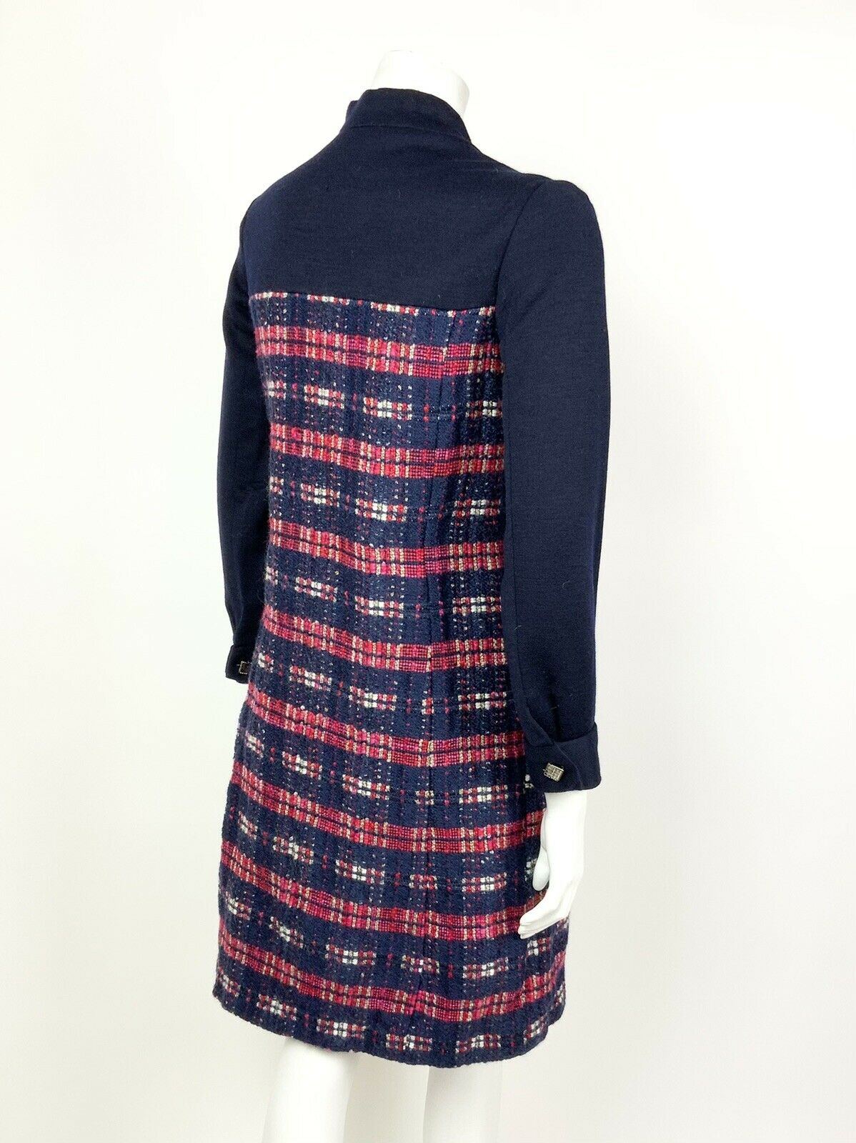 VINTAGE 60s 70s NAVY BLUE RED WHITE PLAID STRIPED MOD WOOL DRESS 8 10