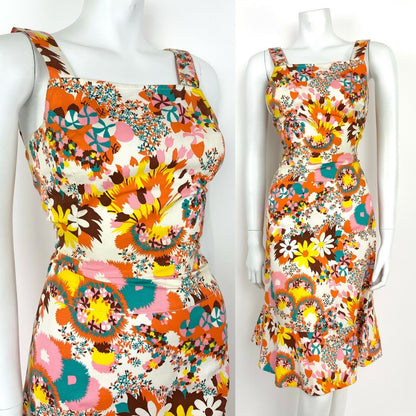 VTG 60s 70s WHITE PINK YELLOW ORANGE BLUE FLORAL PINWHEEL SUMMER APRON DRESS 4