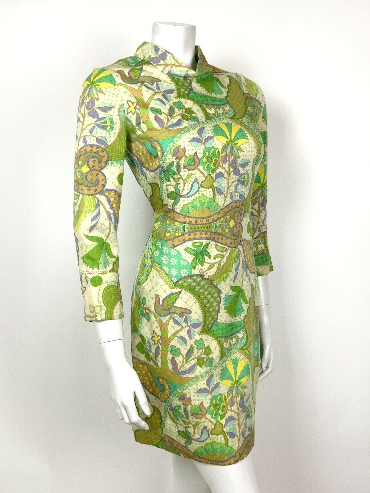 VINTAGE 60s 70s CREAM GREEN YELLOW PURPLE PSYCHEDELIC BIRD FLORAL DRESS 8