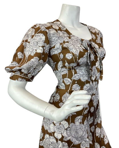 VINTAGE 60s 70s BROWN WHITE FLORAL ROSE BOHO PUFF SLEEVE MAXI DRESS 10 12