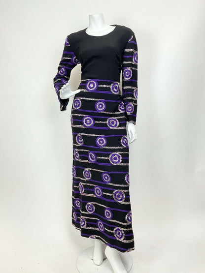 VTG 60s 70s BLACK PURPLE GOLD MINT EMBROIDERED GEOMETRIC MOD MAXI DRESS 12 14