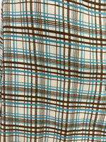 VINTAGE 60s 70s CREAM BLUE BROWN TARTAN PLAID MOD SHIRT COLLAR DRESS 12