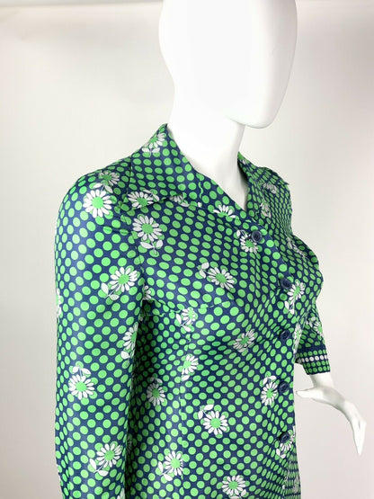 VINTAGE 60s 70s GREEN BLUE WHITE POLKA-DOT FLORAL DAISY DAGGER SHIRT DRESS 16 18