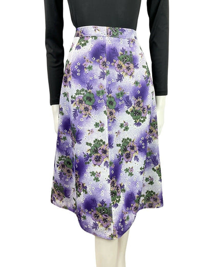 VINTAGE 60s 70s PURPLE WHITE GREEN FLORAL DAISY KNEE-LENGTH SWING SKIRT 8 10