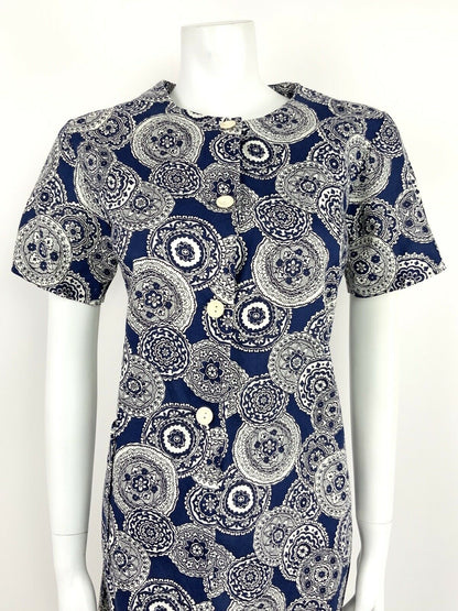 VINTAGE 60s 70s NAVY BLUE WHITE GEOMETRIC FLORAL MANDALA SHIFT DRESS 12