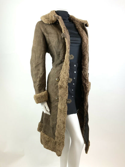 VTG 60s 70s DEEP BROWN DOUBLE-BREASTED SUEDE LEATHER SHEARLING BOHO COAT 12 14