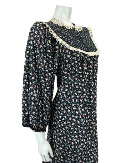 VINTAGE 60s 70s NAVY BLUE PINK WHITE FLORAL FOLK BOHO RUFFLE MIDI DRESS 12 14