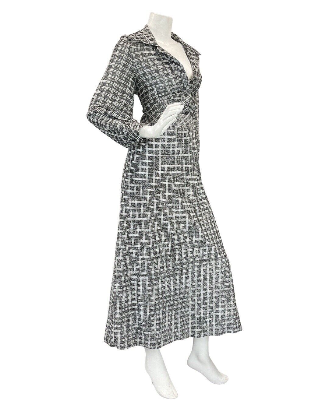 VINTAGE 60s 70s SILVER BLACK GRID CHECKED MOD DAGGER SHIRT MAXI DRESS 12