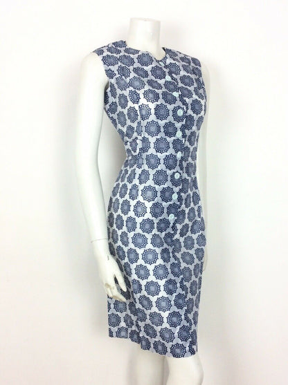 VTG 60S 70S BLUE WHITE FLOWER GEOMETRIC PRINT BUTTON UP DRESS 12