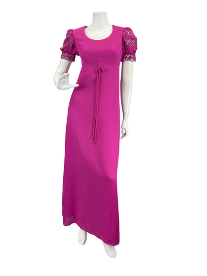 VINTAGE 60s 70s FUCHSIA PINK LACE EMPIRE LINE MOD MAXI DRESS 10