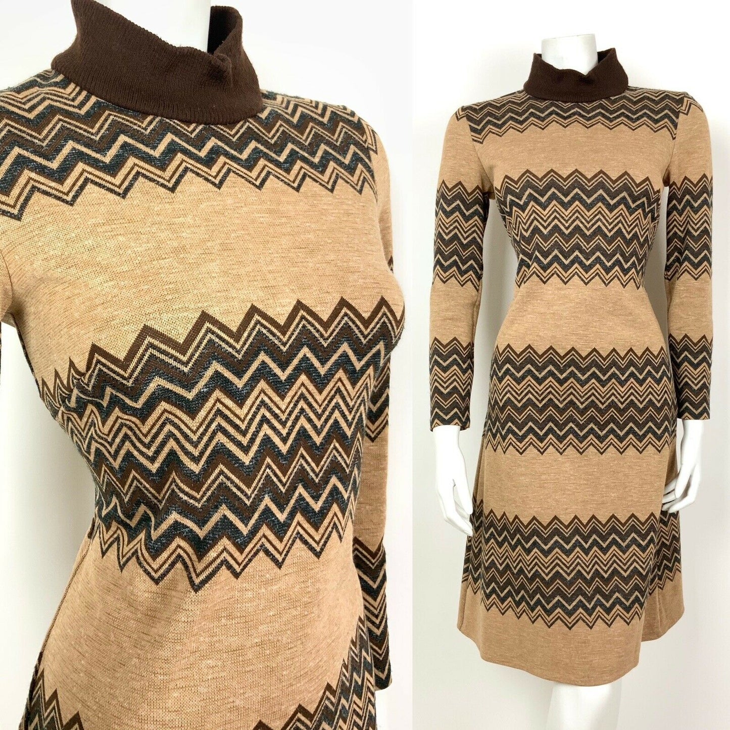 VINTAGE 60s 70s BROWN BLACK CHEVRON TURTLENECK BOHO JUMPER DRESS 8 10