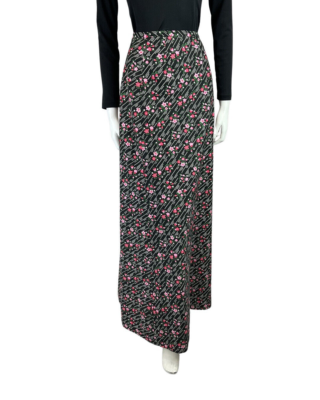 VINTAGE 60s 70s BLACK WHITE PINK ZIG-ZAG FLORAL DAISY MOD BOHO MAXI SKIRT 8 10