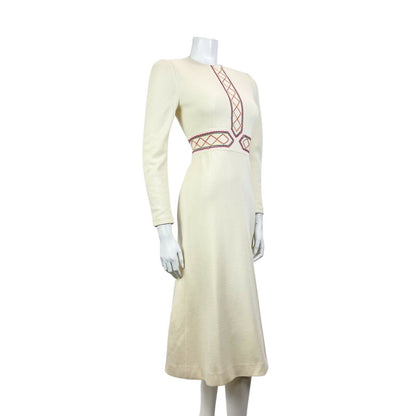 VINTAGE 60s 70s CREAM PINK PURPLE EMBROIDERED FOLK WOOL MIDI DRESS 6