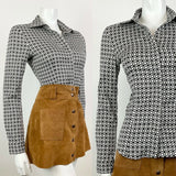 VINTAGE 60s 70s WHITE BLACK GEOMETRIC CHECKERBOARD MOD SHIRT BLOUSE 10 12