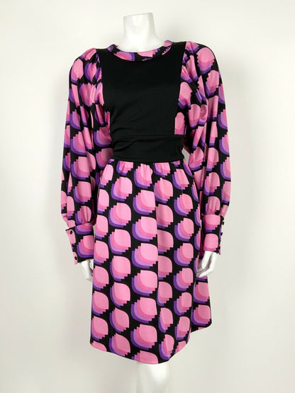 VTG 60s 70s BLACK PINK LILAC PURPLE OP-ART GEOMETRIC BATWING SLEEVE DRESS 14 16