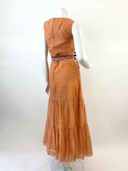 VTG 60s 70s ORANGE BLACK RED FLORAL BOHO FOLK SLEEVELESS TIERED MAXI DRESS 10