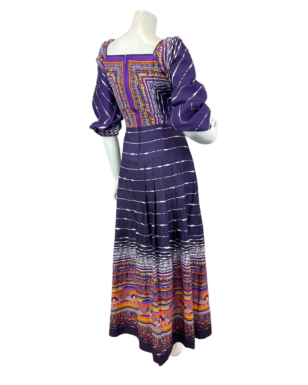 VINTAGE 60s 70s PURPLE BLUE PINK GEOMETRIC DAISY PUFF SLEEVE MAXI DRESS 10 12