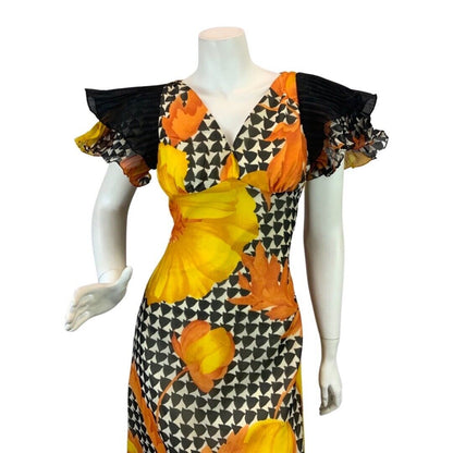 VINTAGE 60s 70s YELLOW BLACK WHITE PSYCH MOD FLORAL PLEATED SLEEVE MAXI DRESS 8