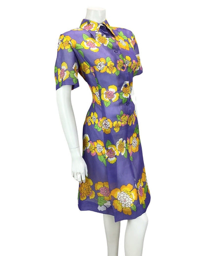 VINTAGE 60S 70S PURPLE PINK ORANGE FLORAL PRINT BOHO MOD MINI DRESS 16