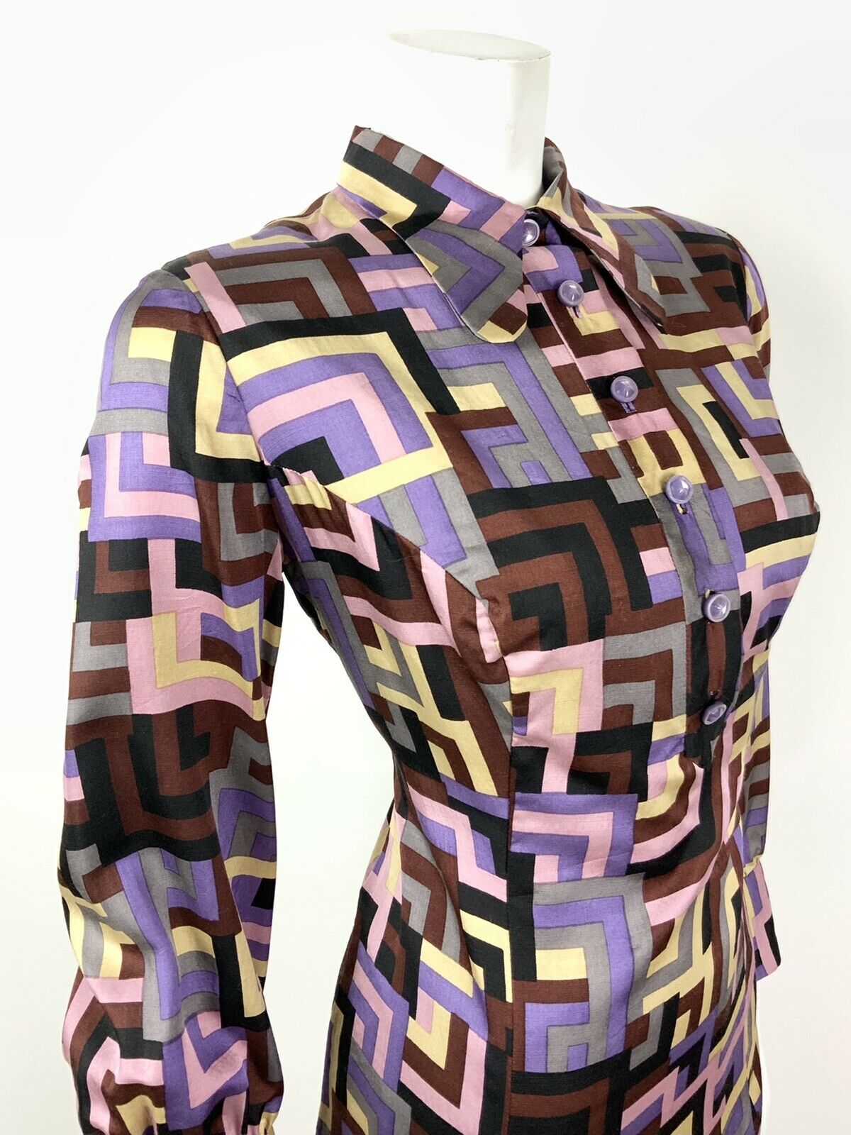 VTG 60s 70s PURPLE BROWN SILVER PINK GEOMETRI DOG-EAR COLLAR SHIRT DRESS 12 14