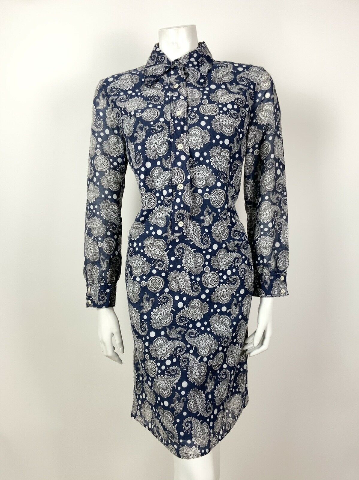 VTG 60s 70s NAVY BLUE WHITE FLORAL PAISLEY MOD DAGGER COLLAR SHIRT DRESS 12 14