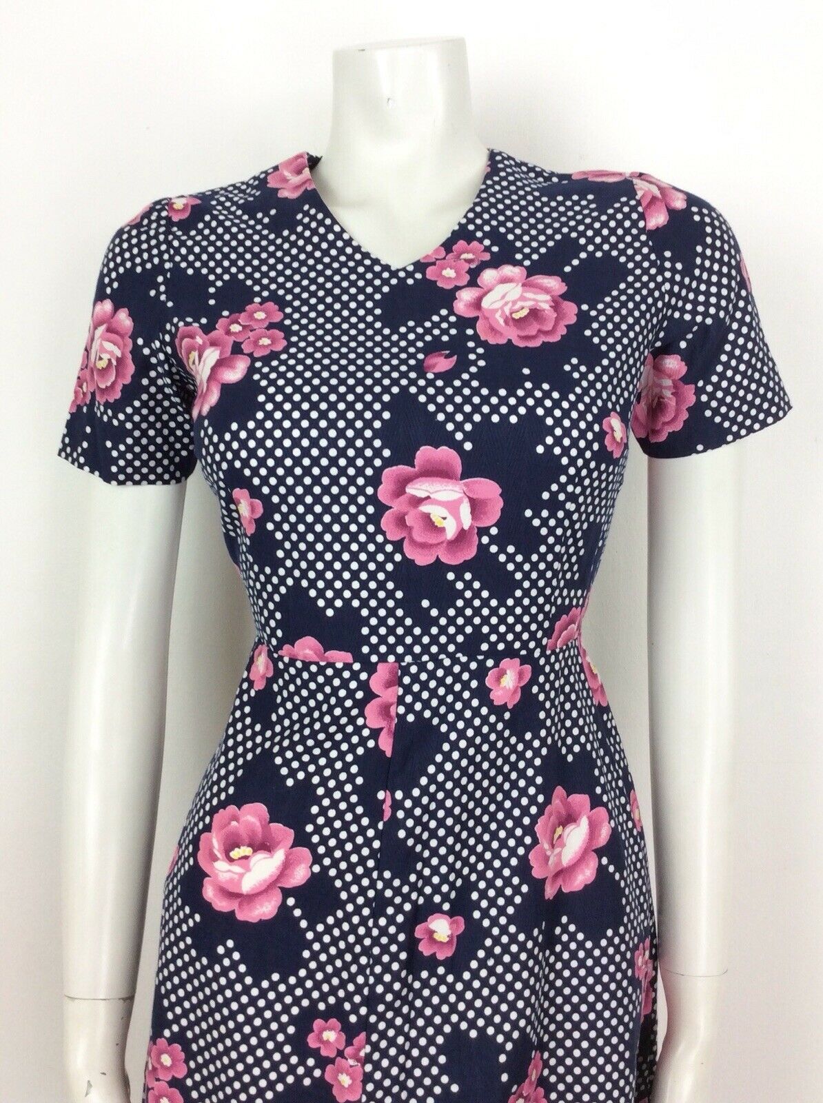 STUNNING VINTAGE 60S 70S POLKA DOT NAVY BLUE WHITE PINK FLORAL DRESS 8 10