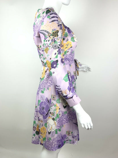 VINTAGE 60s 70s PURPLE YELLOW GREEN WHITE ORIENTAL PAGODA FLORAL SHEER DRESS 16