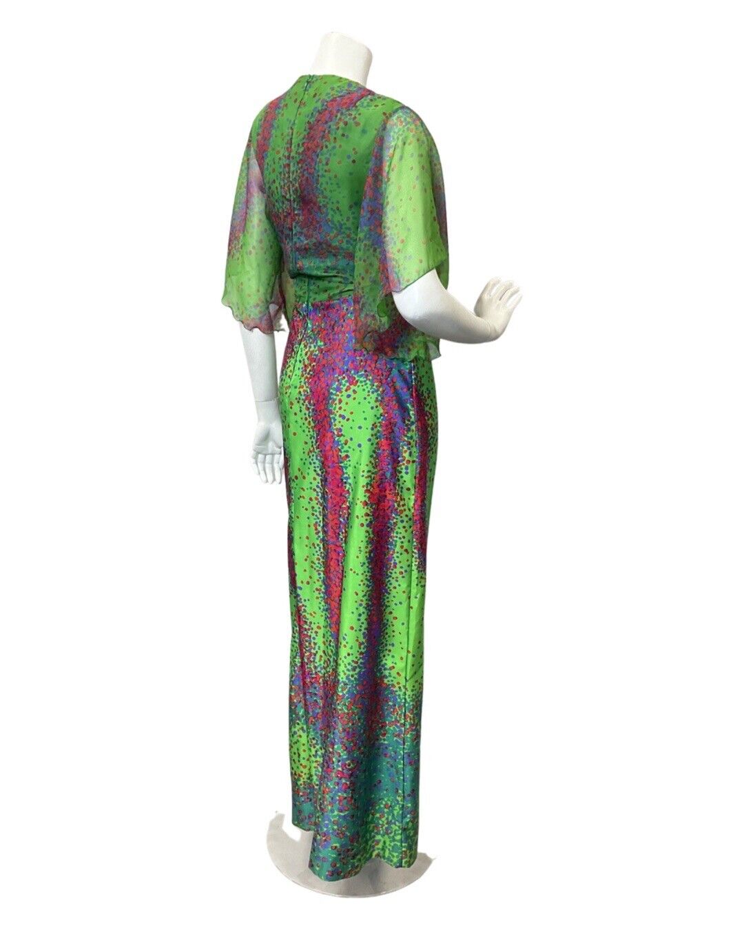 VINTAGE 60s 70s GREEN PINK BLUE PSYCHEDELIC DOTTY ANGEL SLEEVE MAXI DRESS 8 10