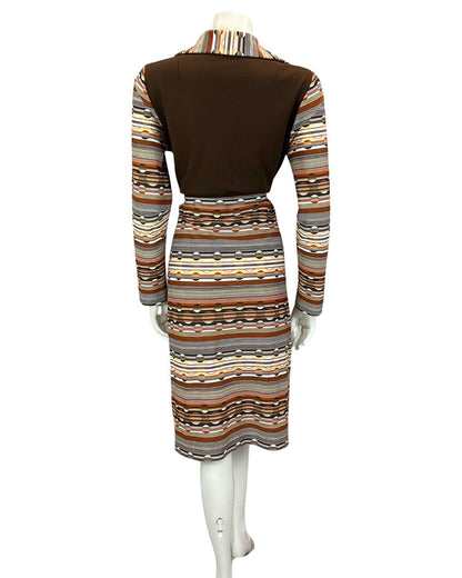 VINTAGE 60S 70S BROWN BEIGE TAN STRIPED ABSTRACT  PRINT MIDI DRESS 14 16