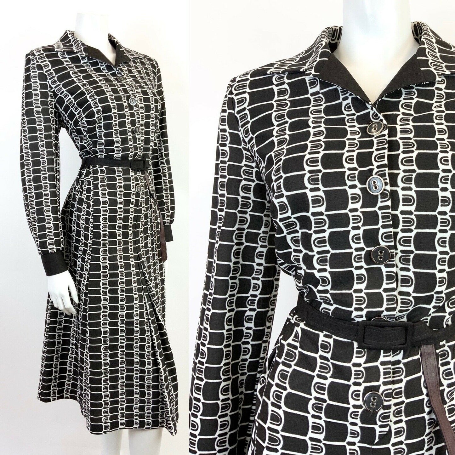 VINTAGE 60s 70s DARK BROWN WHITE GEOMETRIC BELTED SHIRT MIDI DRESS 14 16