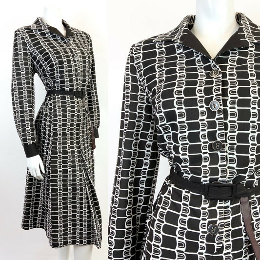 VINTAGE 60s 70s DARK BROWN WHITE GEOMETRIC BELTED SHIRT MIDI DRESS 14 16