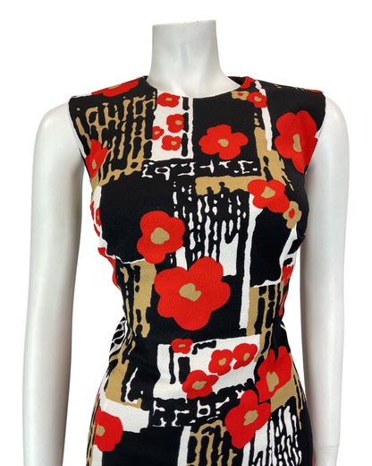 VTG 60s 70s BLACK WHITE RED PSYCHEDELIC FLORAL POPPY MOD SLEEVELESS DRESS 14 16