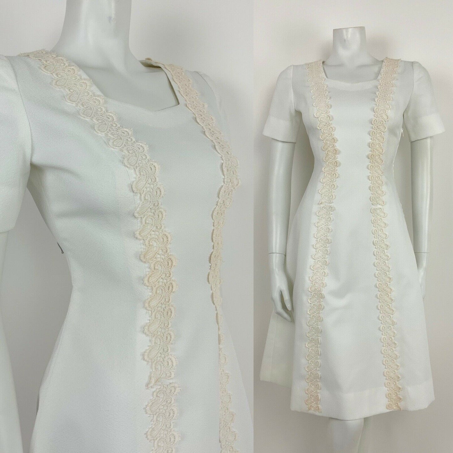 VINTAGE 60s 70s WHITE IVORY BRODERIE ANGLAISE LACE PRINCESS LINE DRESS 8 10