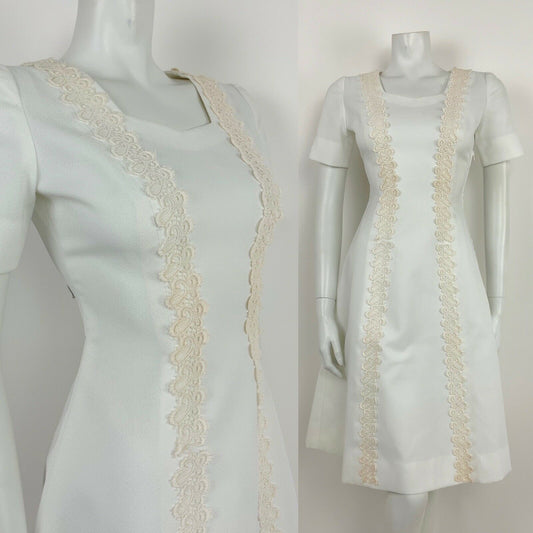 VINTAGE 60s 70s WHITE IVORY BRODERIE ANGLAISE LACE PRINCESS LINE DRESS 8 10