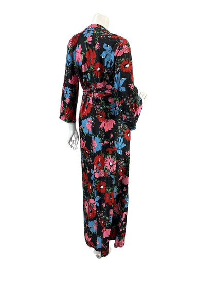 VINTAGE 60s 70s BLACK PINK BLUE FLORAL PSYCHEDELIC MOD WRAP MAXI DRESS 10 12