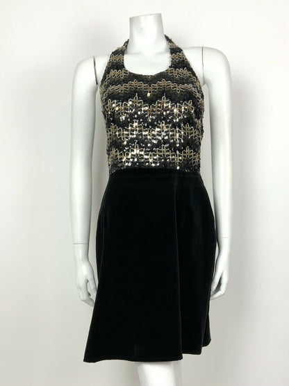 VINTAGE 60s 70s BLACK VELVET GOLD SEQUINNED DISCO STUDIO 54 HALTER DRESS 8 10