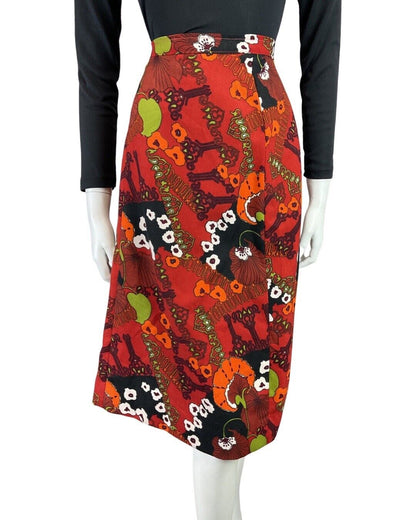 VINTAGE 60s 70s RED BLACK GREEN PSYCHEDELIC FLORAL MOD MIDI SKIRT 12 14