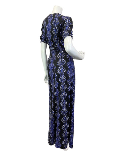 VINTAGE 60s 70s BLACK PURPLE WHITE ACANTHUS DECO MAXI DRESS 12 14