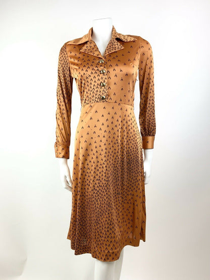 VINTAGE 60s 70s ORANGE BRONZE BLACK GEOMETRIC MOD DAGGER SHIRT DRESS 8 10